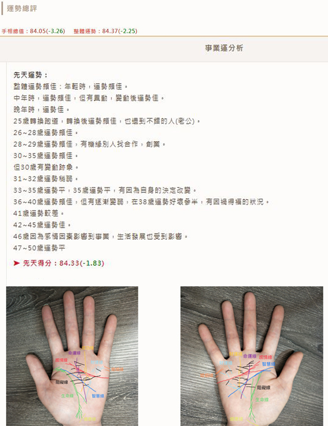 手相解析結束之後，贈送個人專屬的命理報告，方便追蹤與管理自己的運勢喔！